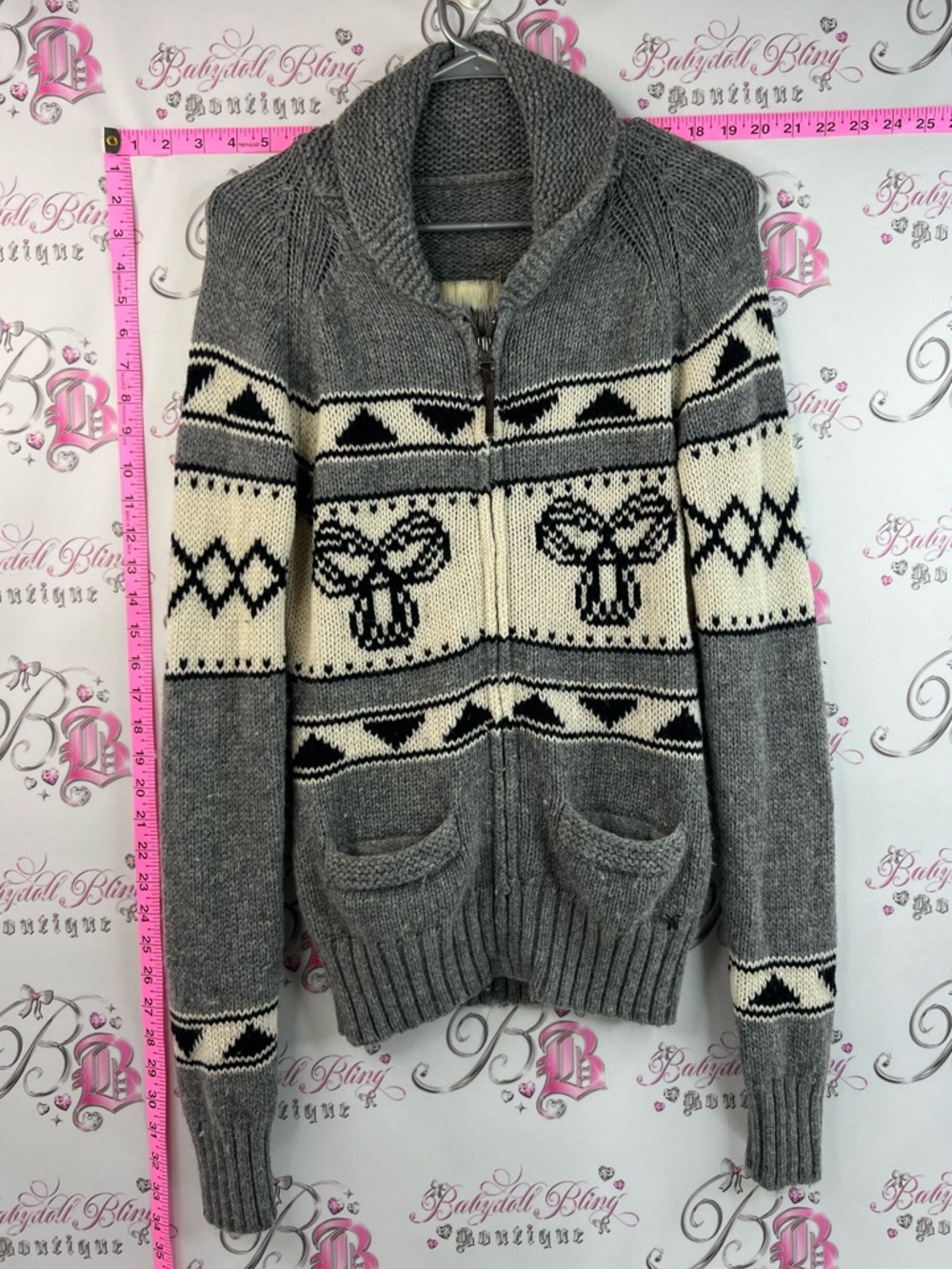 TNA wool sweater zip up knitted Gray and Cream Zip-Up Shawl-Collar Cardigan